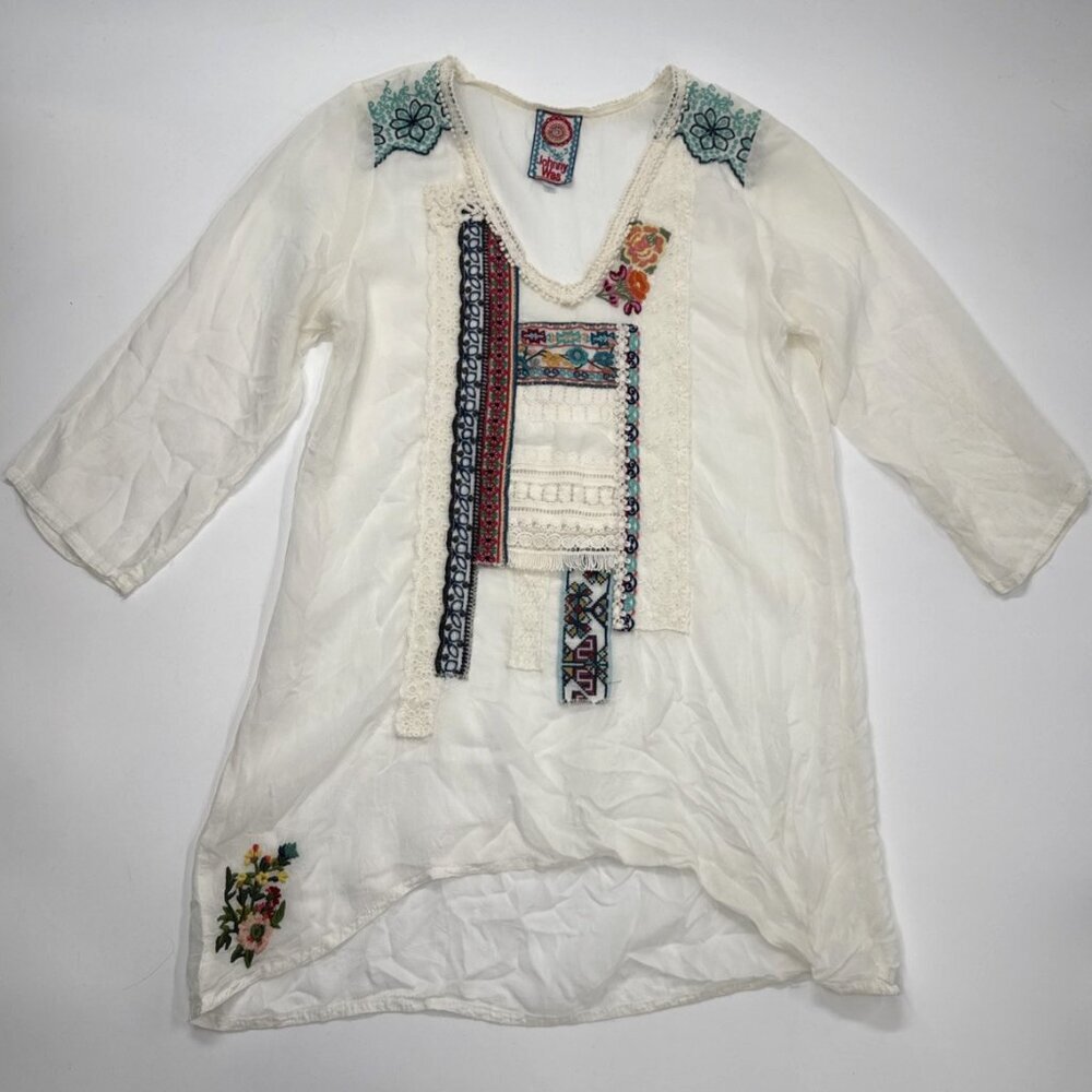 JOHNNY WAS Tunic Top Womens Small Embroidered Rayon Floral Sheer Bethanie - Picture 7 of 16